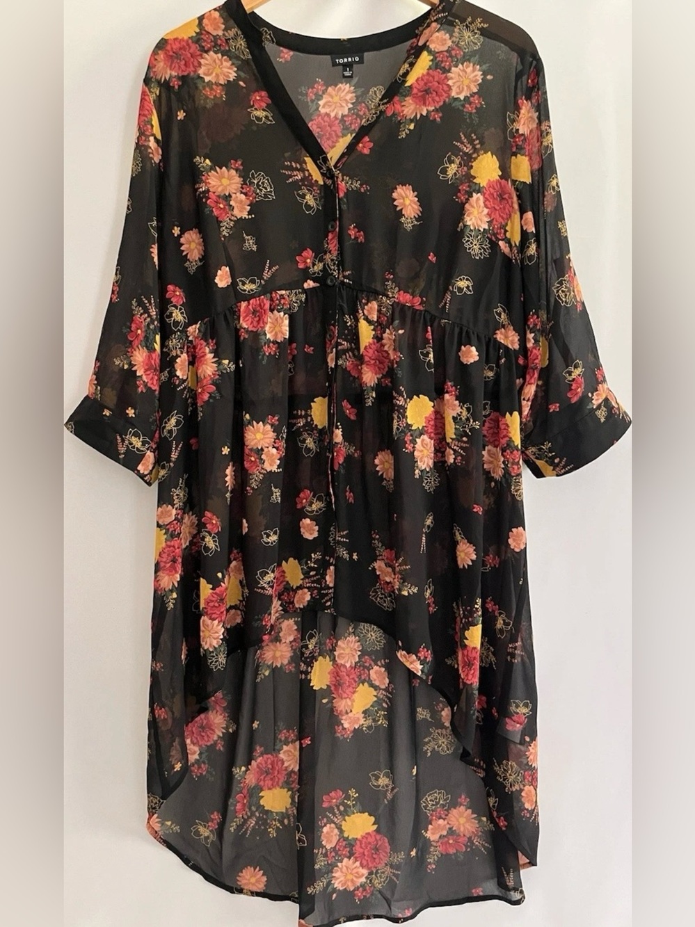 Torrid Chiffon Hi-Low Tunic Sheer V-Neck 3/4 Sleeve Black Autumn Floral XL